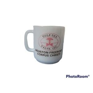 Glasbake white milk glass advertising mug coffee cup Gulf Tex Valve Inc Texas